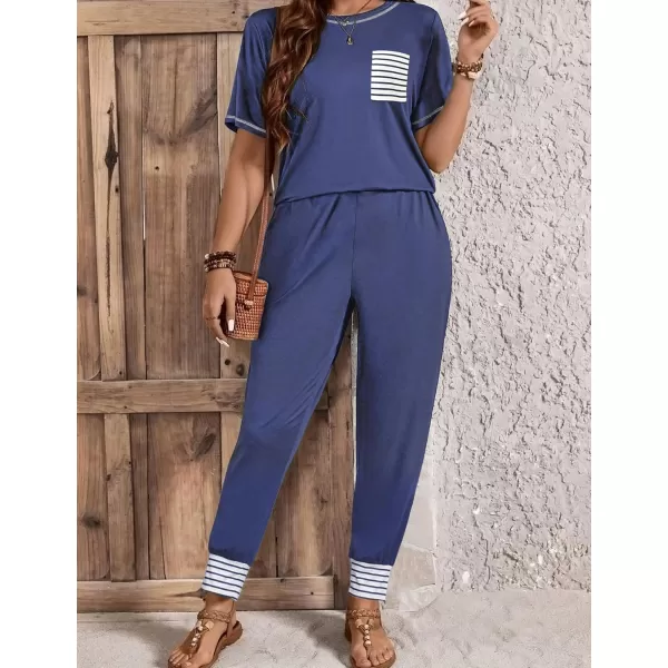 SWOMOG Pajamas Set Womens Long Sleeve Sleepwear Soft Modal Classic Loungewear Pj SetShort Sleevenavy Blue