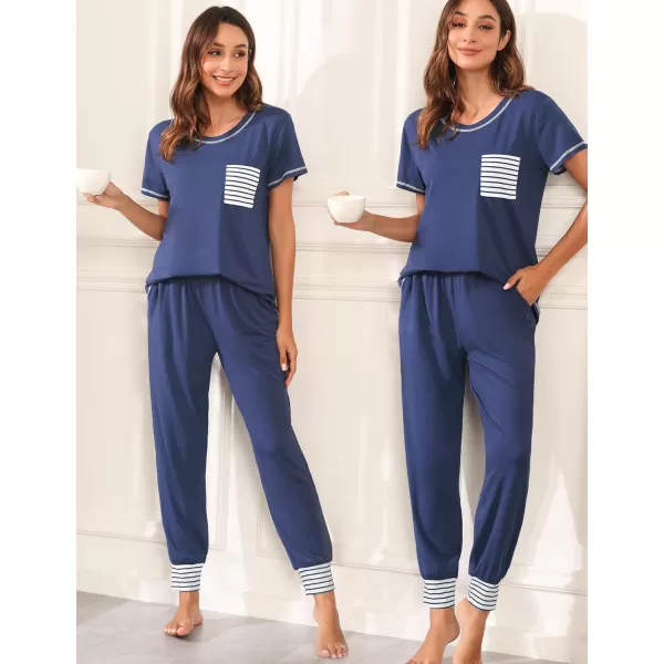 SWOMOG Pajamas Set Womens Long Sleeve Sleepwear Soft Modal Classic Loungewear Pj SetShort Sleevenavy Blue