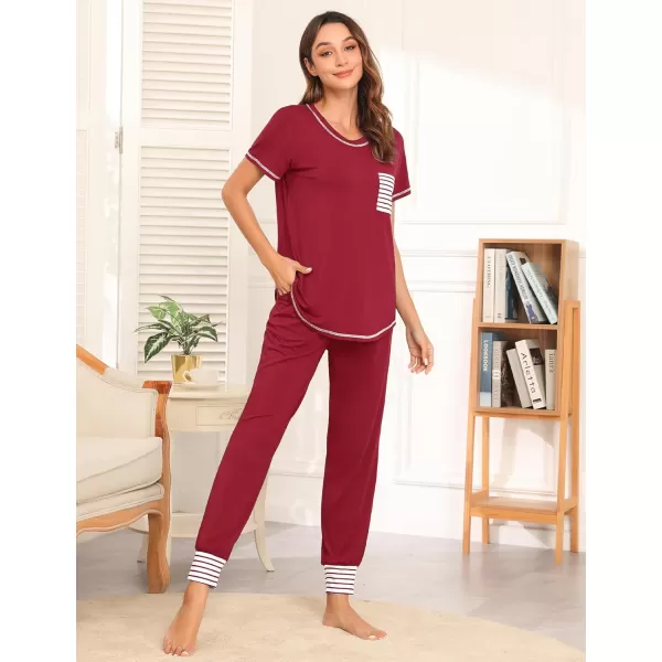 SWOMOG Pajamas Set Womens Long Sleeve Sleepwear Soft Modal Classic Loungewear Pj SetShort Sleevewine Red