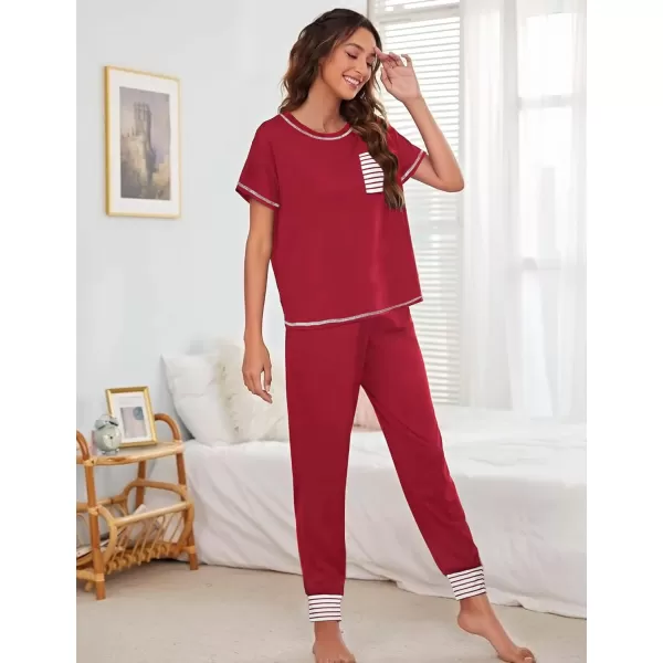 SWOMOG Pajamas Set Womens Long Sleeve Sleepwear Soft Modal Classic Loungewear Pj SetShort Sleevewine Red