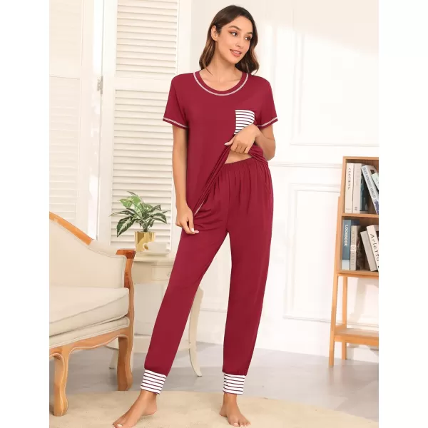 SWOMOG Pajamas Set Womens Long Sleeve Sleepwear Soft Modal Classic Loungewear Pj SetShort Sleevewine Red