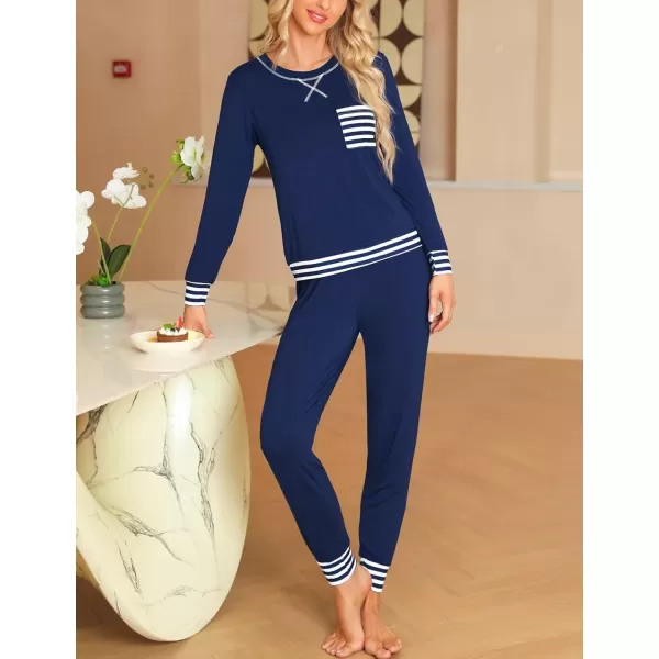 SWOMOG Pajamas Set Womens Long Sleeve Sleepwear Soft Modal Classic Loungewear Pj SetStyle2navy Blue