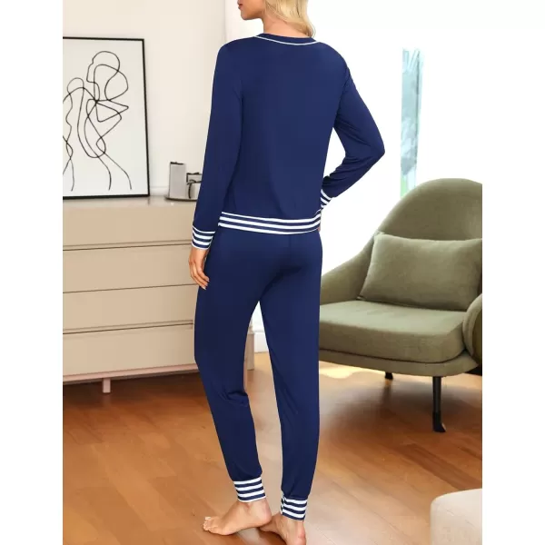 SWOMOG Pajamas Set Womens Long Sleeve Sleepwear Soft Modal Classic Loungewear Pj SetStyle2navy Blue