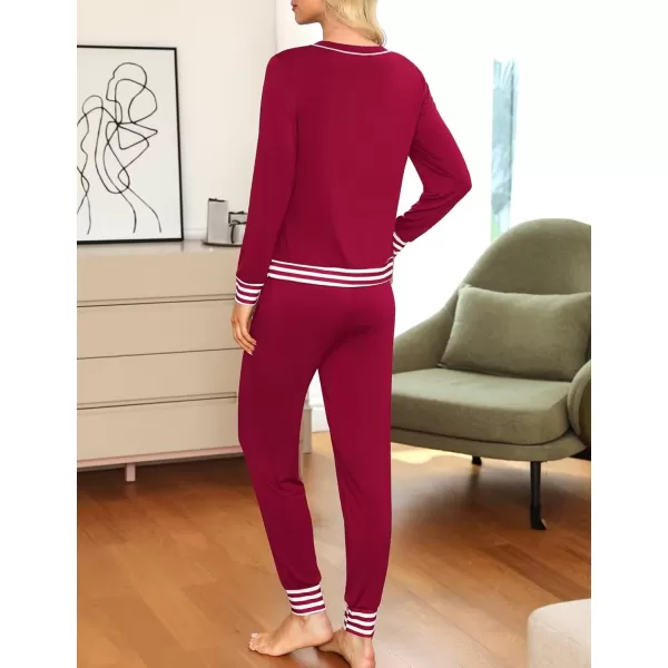 SWOMOG Pajamas Set Womens Long Sleeve Sleepwear Soft Modal Classic Loungewear Pj SetStyle2wine Red