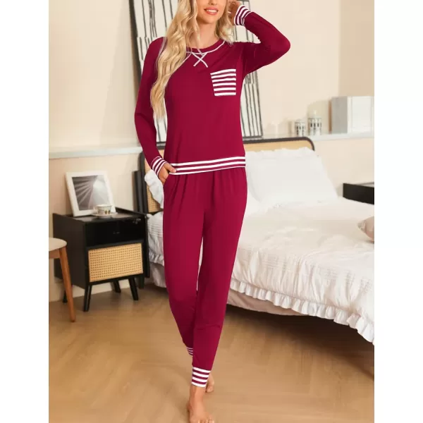 SWOMOG Pajamas Set Womens Long Sleeve Sleepwear Soft Modal Classic Loungewear Pj SetStyle2wine Red