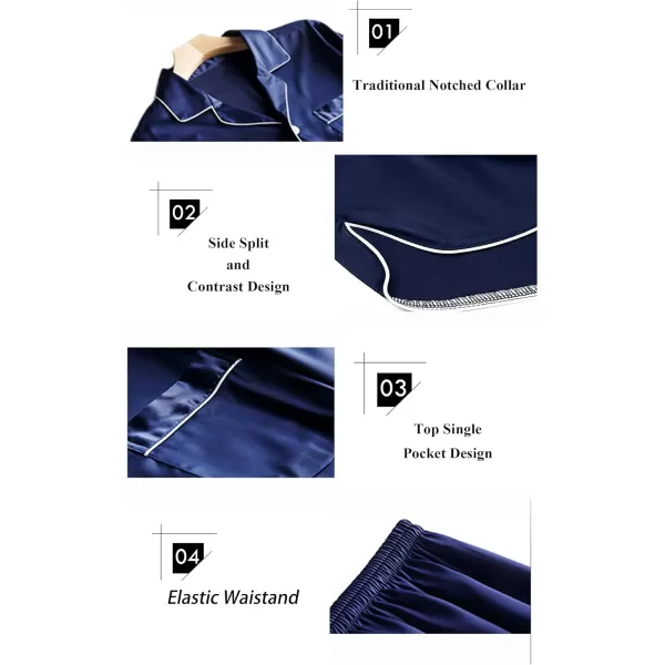 SWOMOG Satin Christmas Pajamas Women Set Silk Pjs Set Short Sleeve 2 Piece Button Down Sleepwear Lounge Sets Navy Blue