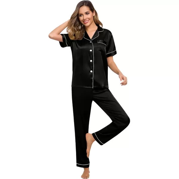 SWOMOG Women Satin Pajamas Set Short Sleeve Top ampamp Pants Sleepwear Silky Button Down Nightwear 2pcs Loungewear Pjs SetBlack