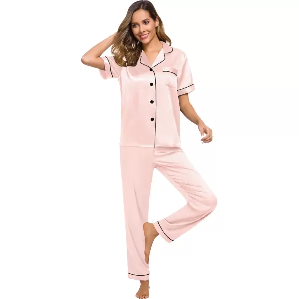 SWOMOG Women Satin Pajamas Set Short Sleeve Top ampamp Pants Sleepwear Silky Button Down Nightwear 2pcs Loungewear Pjs SetBlush Pink