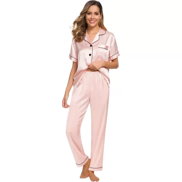 SWOMOG Women Satin Pajamas Set Short Sleeve Top ampamp Pants Sleepwear Silky Button Down Nightwear 2pcs Loungewear Pjs SetBlush Pink