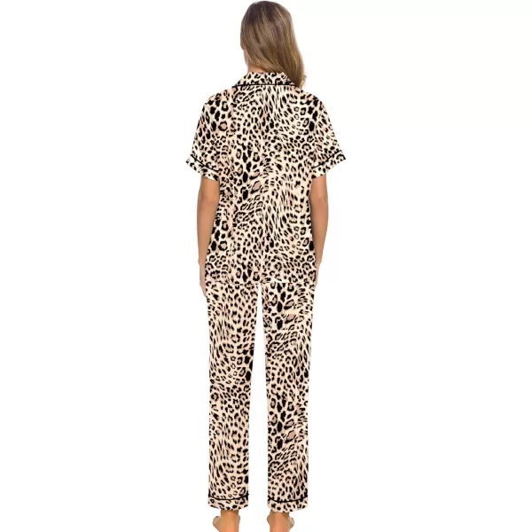 SWOMOG Women Satin Pajamas Set Short Sleeve Top ampamp Pants Sleepwear Silky Button Down Nightwear 2pcs Loungewear Pjs SetBrown Leopard