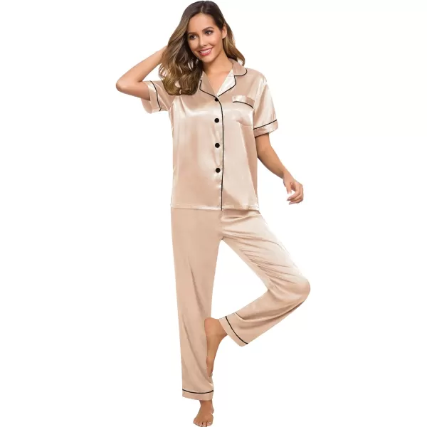 SWOMOG Women Satin Pajamas Set Short Sleeve Top ampamp Pants Sleepwear Silky Button Down Nightwear 2pcs Loungewear Pjs SetChampagne