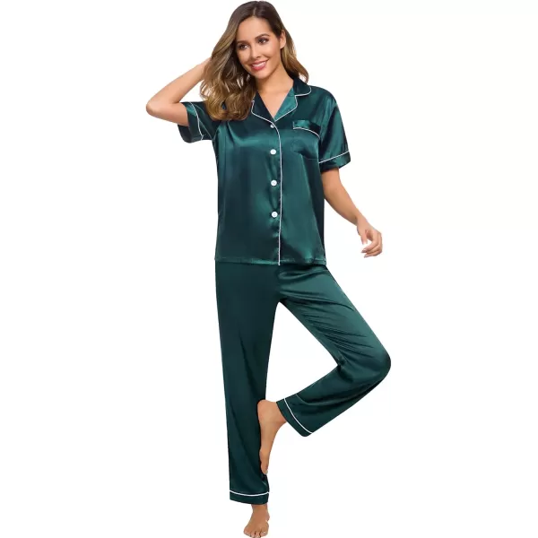 SWOMOG Women Satin Pajamas Set Short Sleeve Top ampamp Pants Sleepwear Silky Button Down Nightwear 2pcs Loungewear Pjs SetDeep Green