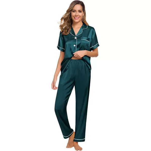 SWOMOG Women Satin Pajamas Set Short Sleeve Top ampamp Pants Sleepwear Silky Button Down Nightwear 2pcs Loungewear Pjs SetDeep Green