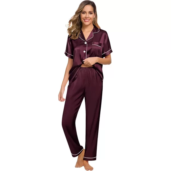 SWOMOG Women Satin Pajamas Set Short Sleeve Top ampamp Pants Sleepwear Silky Button Down Nightwear 2pcs Loungewear Pjs SetDeep Wine Red