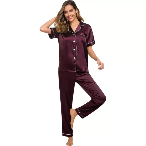 SWOMOG Women Satin Pajamas Set Short Sleeve Top ampamp Pants Sleepwear Silky Button Down Nightwear 2pcs Loungewear Pjs SetDeep Wine Red