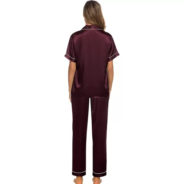 SWOMOG Women Satin Pajamas Set Short Sleeve Top ampamp Pants Sleepwear Silky Button Down Nightwear 2pcs Loungewear Pjs SetDeep Wine Red