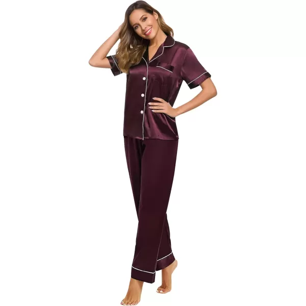 SWOMOG Women Satin Pajamas Set Short Sleeve Top ampamp Pants Sleepwear Silky Button Down Nightwear 2pcs Loungewear Pjs SetDeep Wine Red