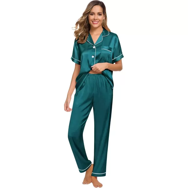 SWOMOG Women Satin Pajamas Set Short Sleeve Top ampamp Pants Sleepwear Silky Button Down Nightwear 2pcs Loungewear Pjs SetGreen