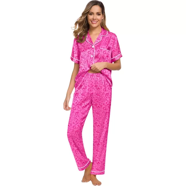 SWOMOG Women Satin Pajamas Set Short Sleeve Top ampamp Pants Sleepwear Silky Button Down Nightwear 2pcs Loungewear Pjs SetHot Pink Leopard