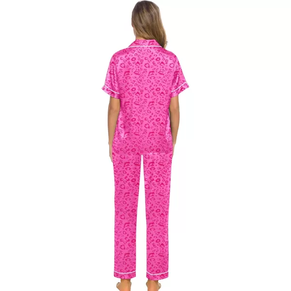 SWOMOG Women Satin Pajamas Set Short Sleeve Top ampamp Pants Sleepwear Silky Button Down Nightwear 2pcs Loungewear Pjs SetHot Pink Leopard