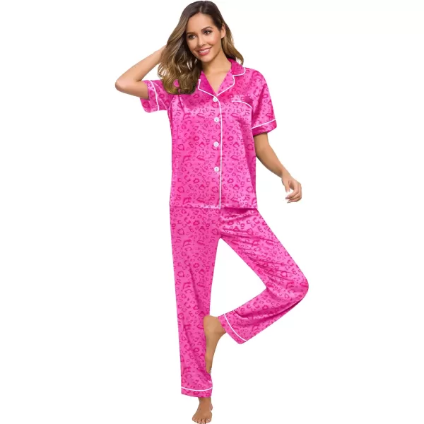 SWOMOG Women Satin Pajamas Set Short Sleeve Top ampamp Pants Sleepwear Silky Button Down Nightwear 2pcs Loungewear Pjs SetHot Pink Leopard