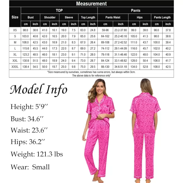 SWOMOG Women Satin Pajamas Set Short Sleeve Top ampamp Pants Sleepwear Silky Button Down Nightwear 2pcs Loungewear Pjs SetHot Pink Leopard