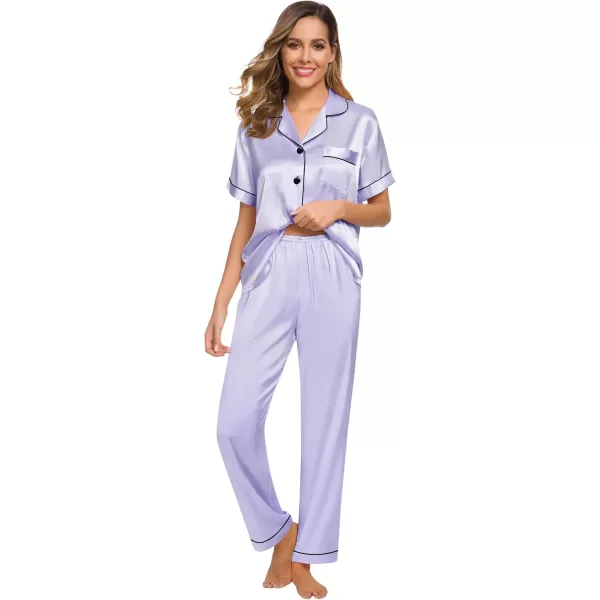 SWOMOG Women Satin Pajamas Set Short Sleeve Top ampamp Pants Sleepwear Silky Button Down Nightwear 2pcs Loungewear Pjs SetLavender