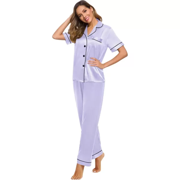 SWOMOG Women Satin Pajamas Set Short Sleeve Top ampamp Pants Sleepwear Silky Button Down Nightwear 2pcs Loungewear Pjs SetLavender