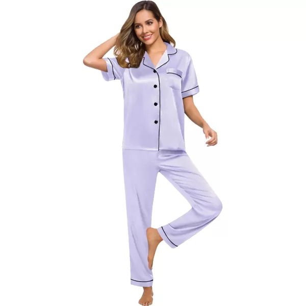 SWOMOG Women Satin Pajamas Set Short Sleeve Top ampamp Pants Sleepwear Silky Button Down Nightwear 2pcs Loungewear Pjs SetLavender