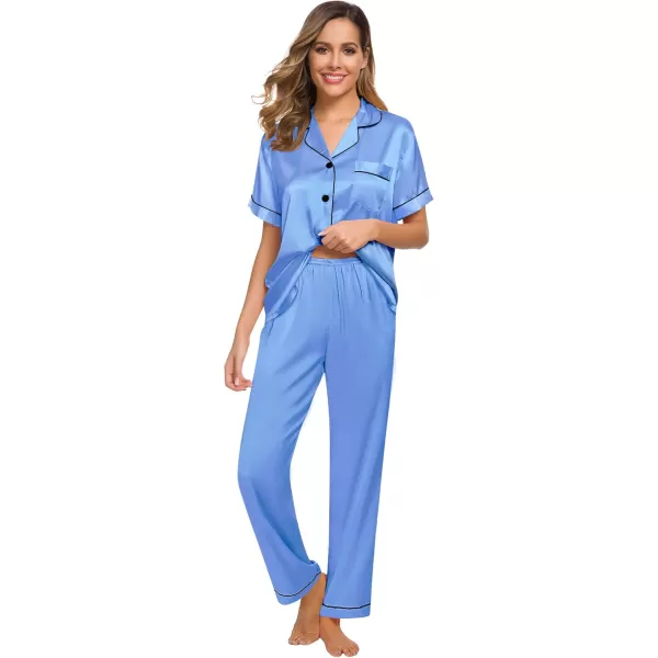 SWOMOG Women Satin Pajamas Set Short Sleeve Top ampamp Pants Sleepwear Silky Button Down Nightwear 2pcs Loungewear Pjs SetMarina Blue