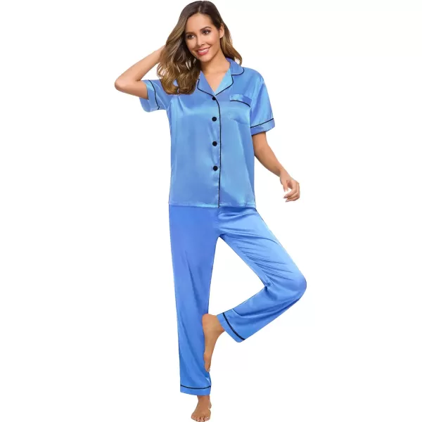 SWOMOG Women Satin Pajamas Set Short Sleeve Top ampamp Pants Sleepwear Silky Button Down Nightwear 2pcs Loungewear Pjs SetMarina Blue