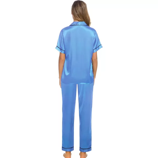 SWOMOG Women Satin Pajamas Set Short Sleeve Top ampamp Pants Sleepwear Silky Button Down Nightwear 2pcs Loungewear Pjs SetMarina Blue