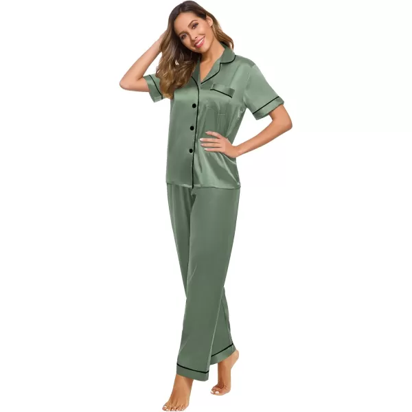 SWOMOG Women Satin Pajamas Set Short Sleeve Top ampamp Pants Sleepwear Silky Button Down Nightwear 2pcs Loungewear Pjs SetMatcha