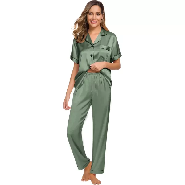 SWOMOG Women Satin Pajamas Set Short Sleeve Top ampamp Pants Sleepwear Silky Button Down Nightwear 2pcs Loungewear Pjs SetMatcha