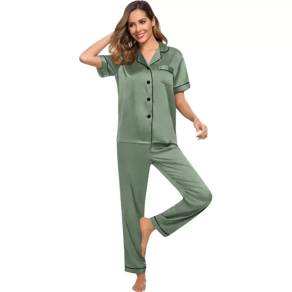 SWOMOG Women Satin Pajamas Set Short Sleeve Top ampamp Pants Sleepwear Silky Button Down Nightwear 2pcs Loungewear Pjs SetMatcha