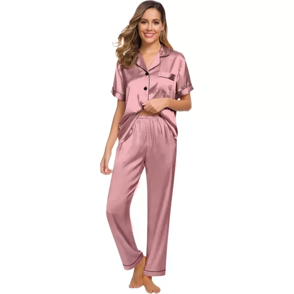 SWOMOG Women Satin Pajamas Set Short Sleeve Top ampamp Pants Sleepwear Silky Button Down Nightwear 2pcs Loungewear Pjs SetMisty Rose