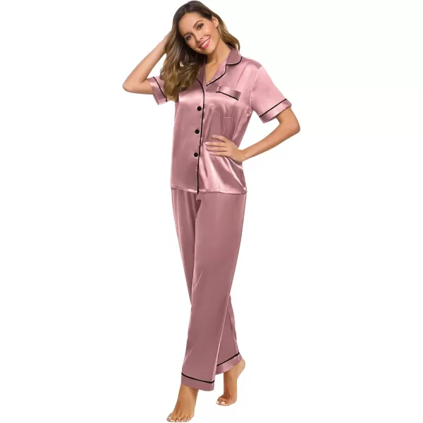 SWOMOG Women Satin Pajamas Set Short Sleeve Top ampamp Pants Sleepwear Silky Button Down Nightwear 2pcs Loungewear Pjs SetMisty Rose