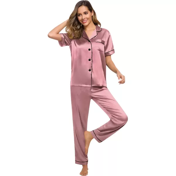 SWOMOG Women Satin Pajamas Set Short Sleeve Top ampamp Pants Sleepwear Silky Button Down Nightwear 2pcs Loungewear Pjs SetMisty Rose