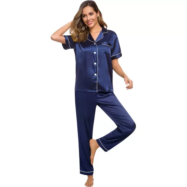 SWOMOG Women Satin Pajamas Set Short Sleeve Top ampamp Pants Sleepwear Silky Button Down Nightwear 2pcs Loungewear Pjs SetNavy Blue