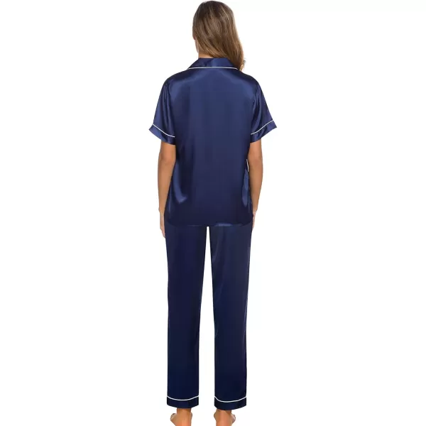 SWOMOG Women Satin Pajamas Set Short Sleeve Top ampamp Pants Sleepwear Silky Button Down Nightwear 2pcs Loungewear Pjs SetNavy Blue