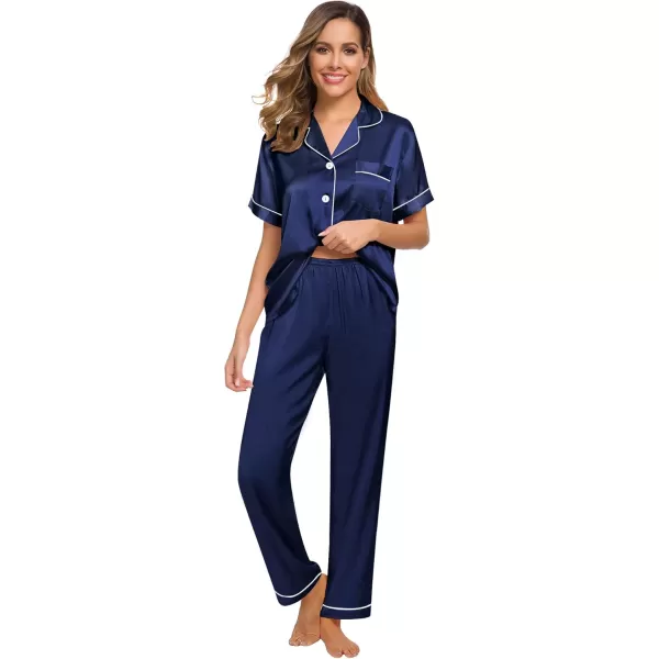 SWOMOG Women Satin Pajamas Set Short Sleeve Top ampamp Pants Sleepwear Silky Button Down Nightwear 2pcs Loungewear Pjs SetNavy Blue