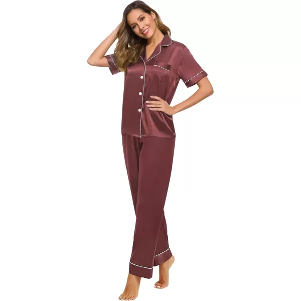 SWOMOG Women Satin Pajamas Set Short Sleeve Top ampamp Pants Sleepwear Silky Button Down Nightwear 2pcs Loungewear Pjs SetNostalgia Rose