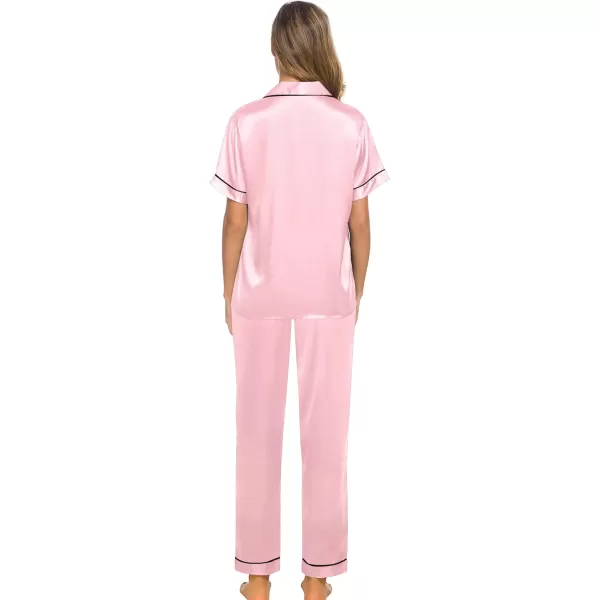 SWOMOG Women Satin Pajamas Set Short Sleeve Top ampamp Pants Sleepwear Silky Button Down Nightwear 2pcs Loungewear Pjs SetPink