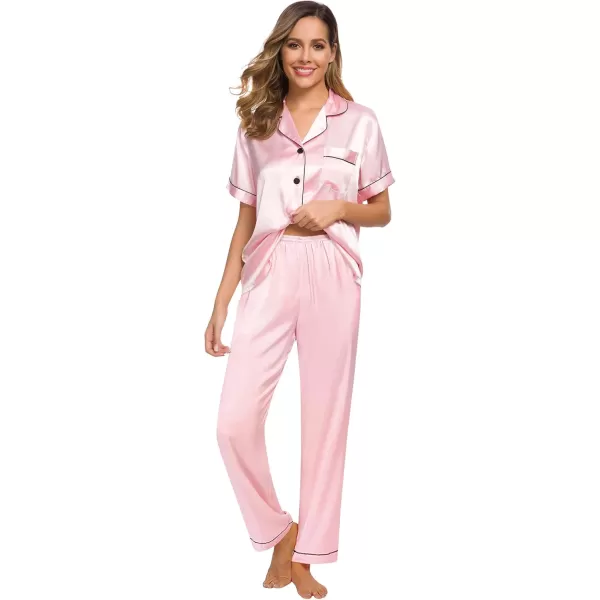 SWOMOG Women Satin Pajamas Set Short Sleeve Top ampamp Pants Sleepwear Silky Button Down Nightwear 2pcs Loungewear Pjs SetPink