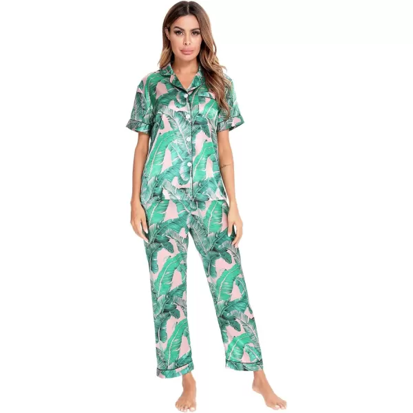 SWOMOG Women Satin Pajamas Set Short Sleeve Top ampamp Pants Sleepwear Silky Button Down Nightwear 2pcs Loungewear Pjs SetPink Leaves