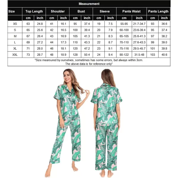 SWOMOG Women Satin Pajamas Set Short Sleeve Top ampamp Pants Sleepwear Silky Button Down Nightwear 2pcs Loungewear Pjs SetPink Leaves