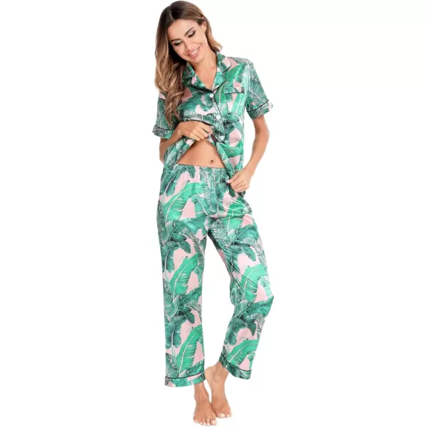 SWOMOG Women Satin Pajamas Set Short Sleeve Top ampamp Pants Sleepwear Silky Button Down Nightwear 2pcs Loungewear Pjs SetPink Leaves