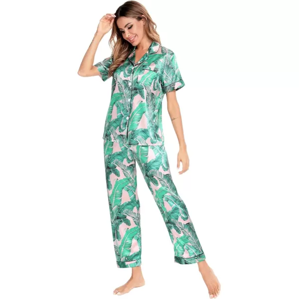 SWOMOG Women Satin Pajamas Set Short Sleeve Top ampamp Pants Sleepwear Silky Button Down Nightwear 2pcs Loungewear Pjs SetPink Leaves