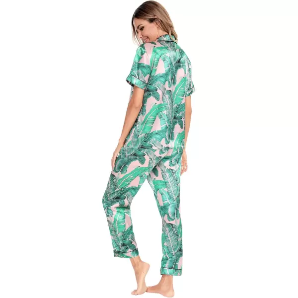 SWOMOG Women Satin Pajamas Set Short Sleeve Top ampamp Pants Sleepwear Silky Button Down Nightwear 2pcs Loungewear Pjs SetPink Leaves