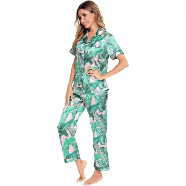 SWOMOG Women Satin Pajamas Set Short Sleeve Top ampamp Pants Sleepwear Silky Button Down Nightwear 2pcs Loungewear Pjs SetPink Leaves